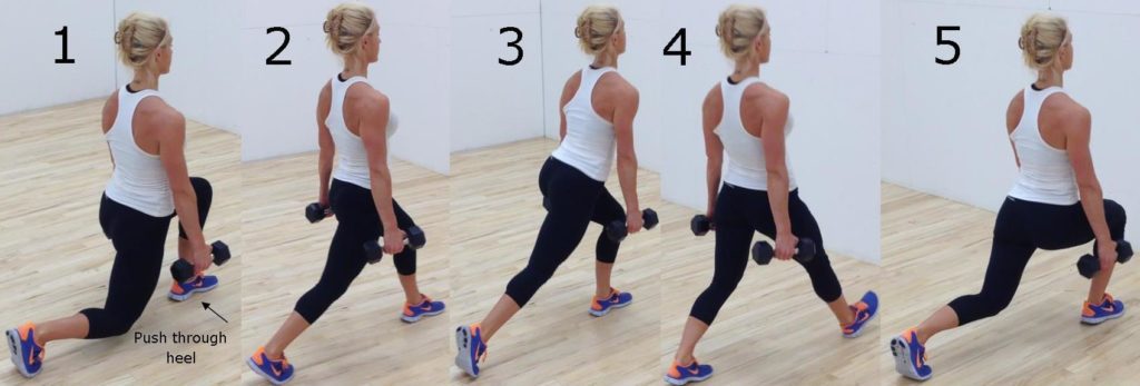 Walking lunges to strengthen muscles for a hike