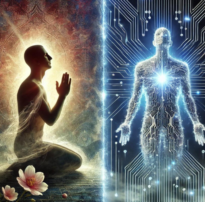 image of human kneelin respresenting human spirituality versus cyborg