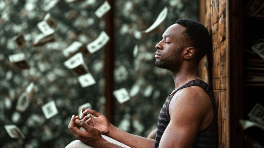 Man sitting and meditating against a tree, manifesting financial wellness