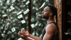 Man sitting and meditating against a tree, manifesting financial wellness