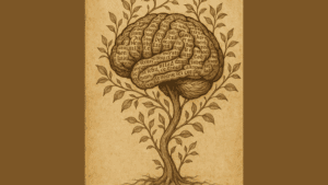 sketch of brain in the shape of a tree with sacred words covering it