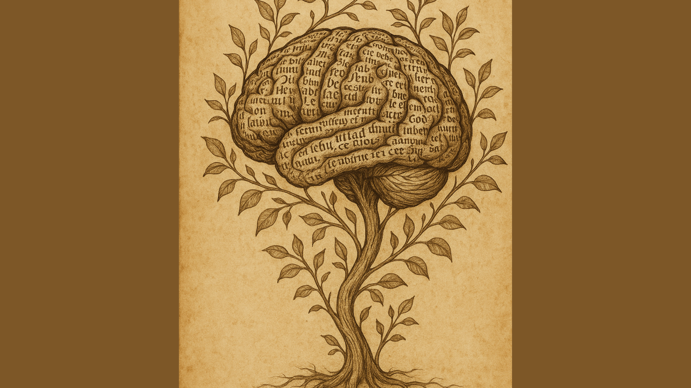 sketch of brain in the shape of a tree with sacred words covering it